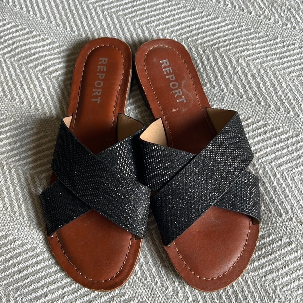 REPORT Black Sparkle Metallic Slides Sandals Size 7.5